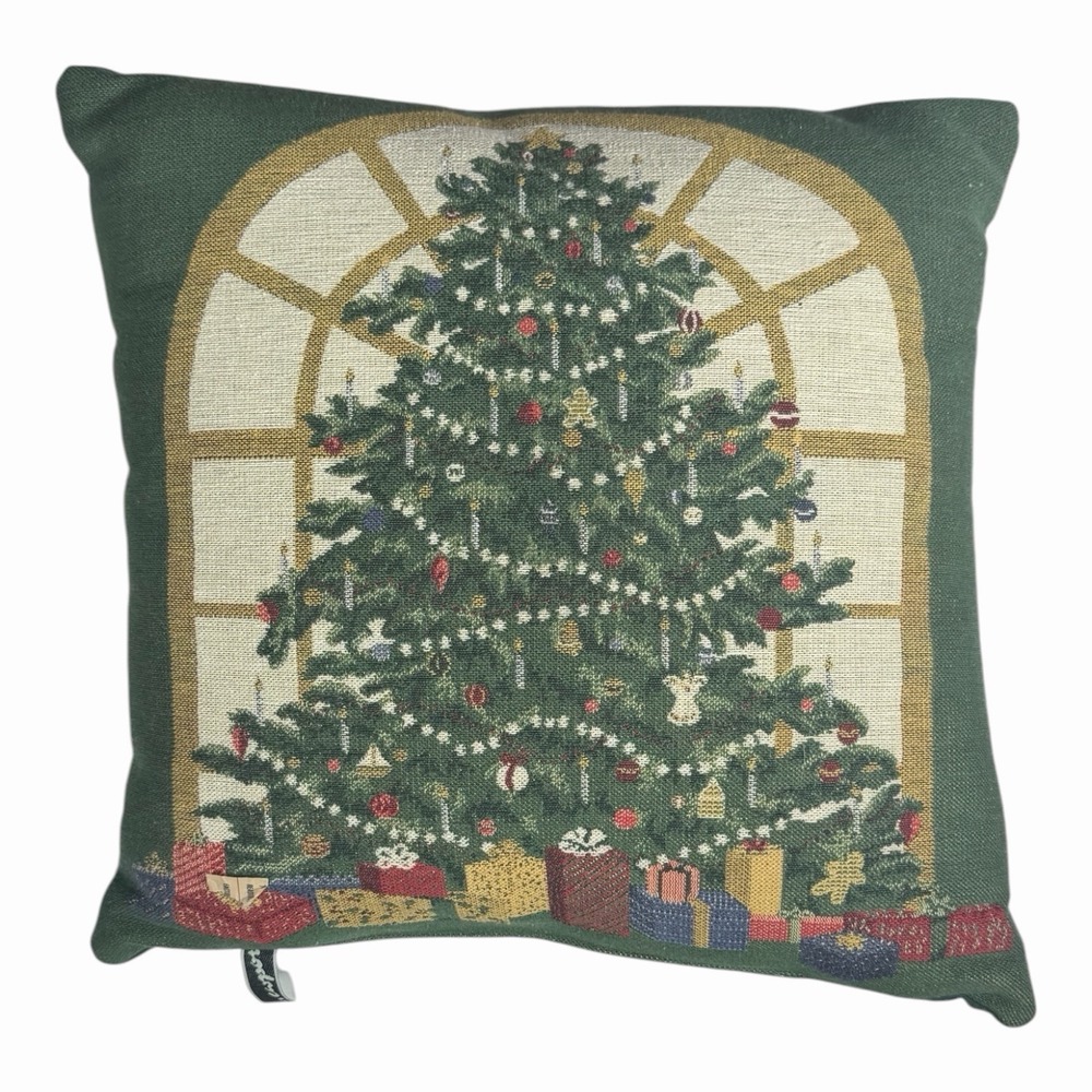 Newport Christmas Tree Green Tapestry Throw Pillow Holiday Decoration 17x17"